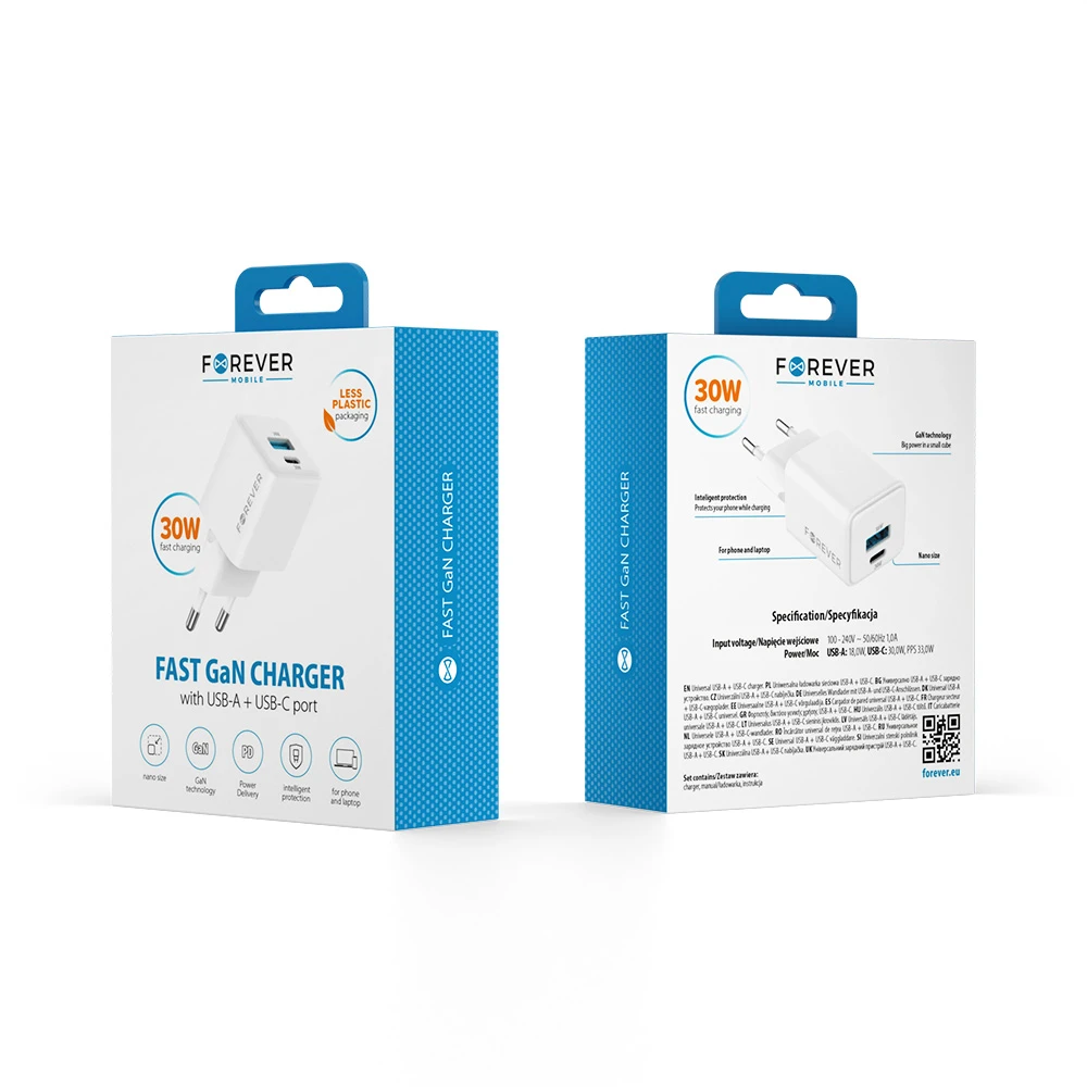Forever TC-08-30AC GaN PD QC įkroviklis 1x USB-C 1x USB 30W baltas