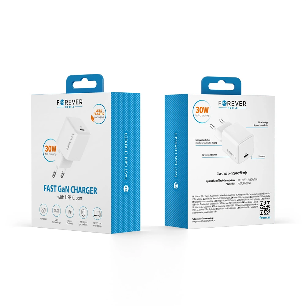 Forever TC-08-30C GaN PD įkroviklis 1x USB-C 30W baltas