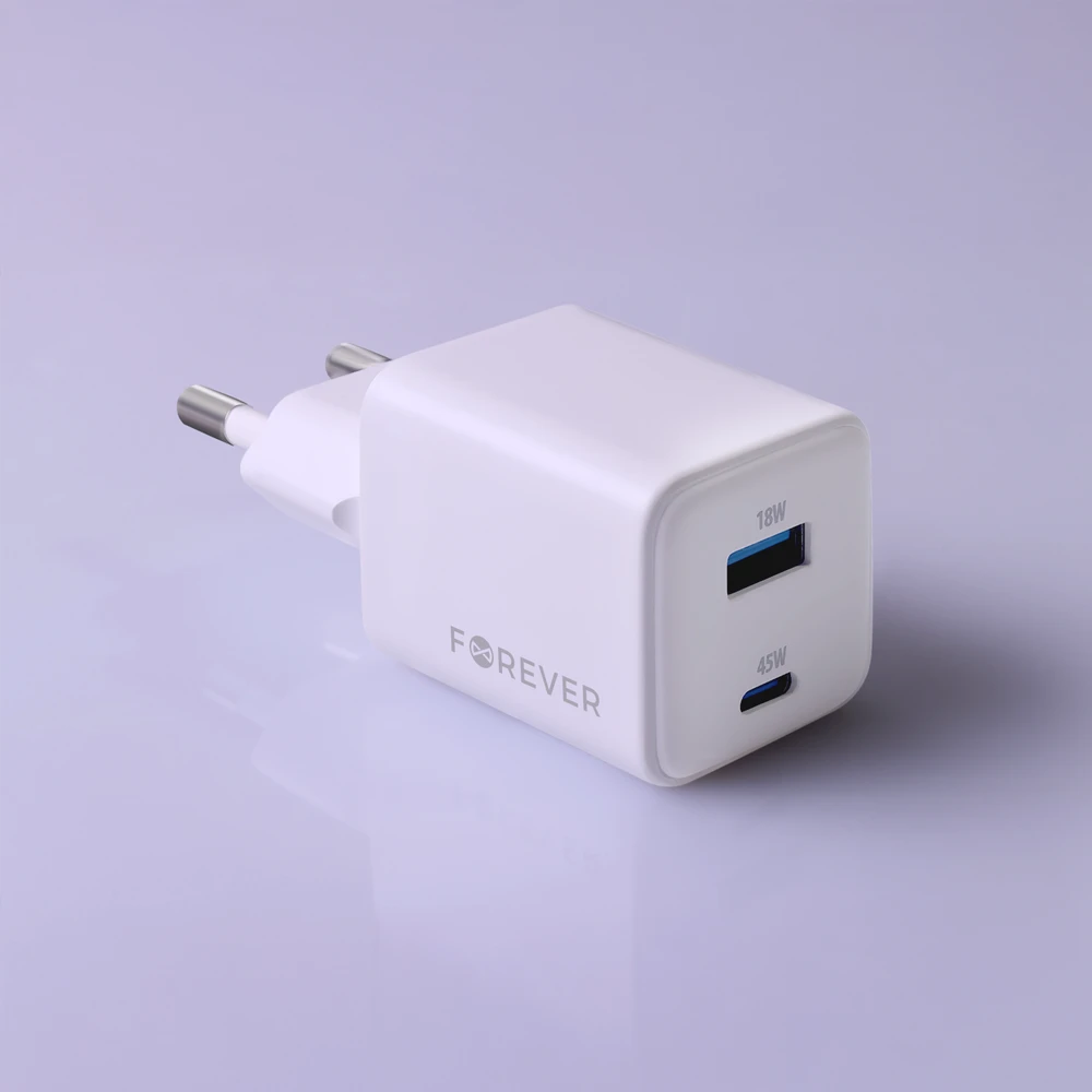 Forever TC-08-45AC GaN PD QC įkroviklis 1x USB-C 1x USB 45W baltas
