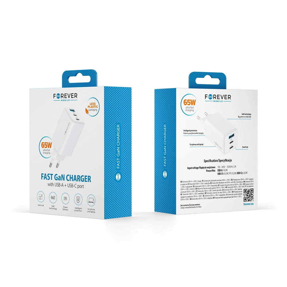 Forever TC-08-65ACC GaN PD QC įkroviklis 2x USB-C 1x USB 65W baltas