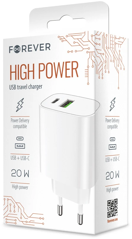 Forever sieninis įkroviklis 1xUSB QC 3.0 + 1xUSB-C PD 20W LS-04 baltas
