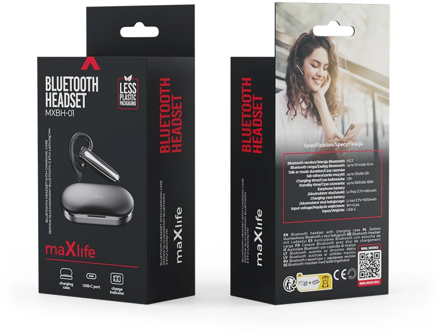 Maxlife belaidės ausinės MXBH-01 su įkrovimo dėklu, juodos