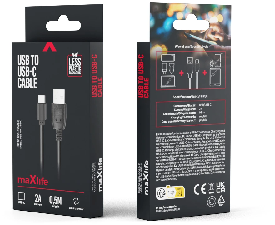 Maxlife laidas USB – USB-C 0,5 m 2A juodas