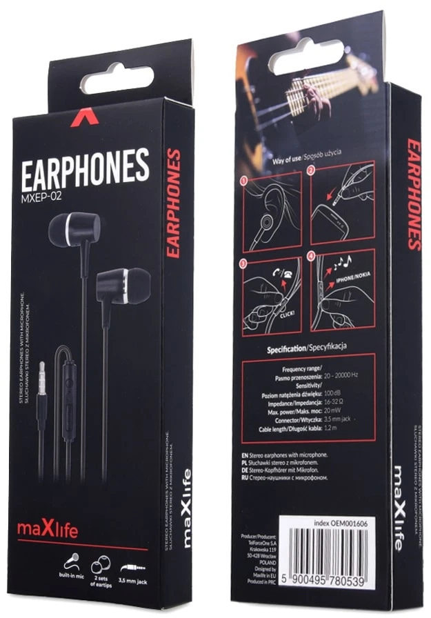 Maxlife laidinės ausinės MXEP-02, 3,5 mm jungtis, juodos
