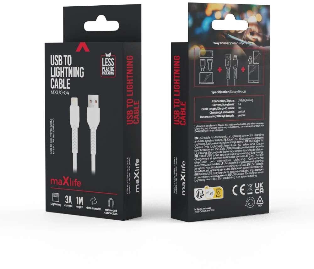 Maxlife MXUC-04 laidas USB – Lightning 1,0 m 3A baltas