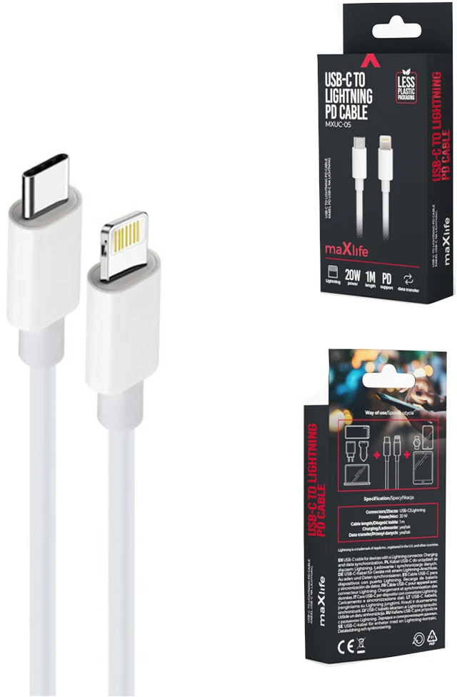 Maxlife MXUC-05 laidas USB-C – Lightning 1,0 m 20W baltas
