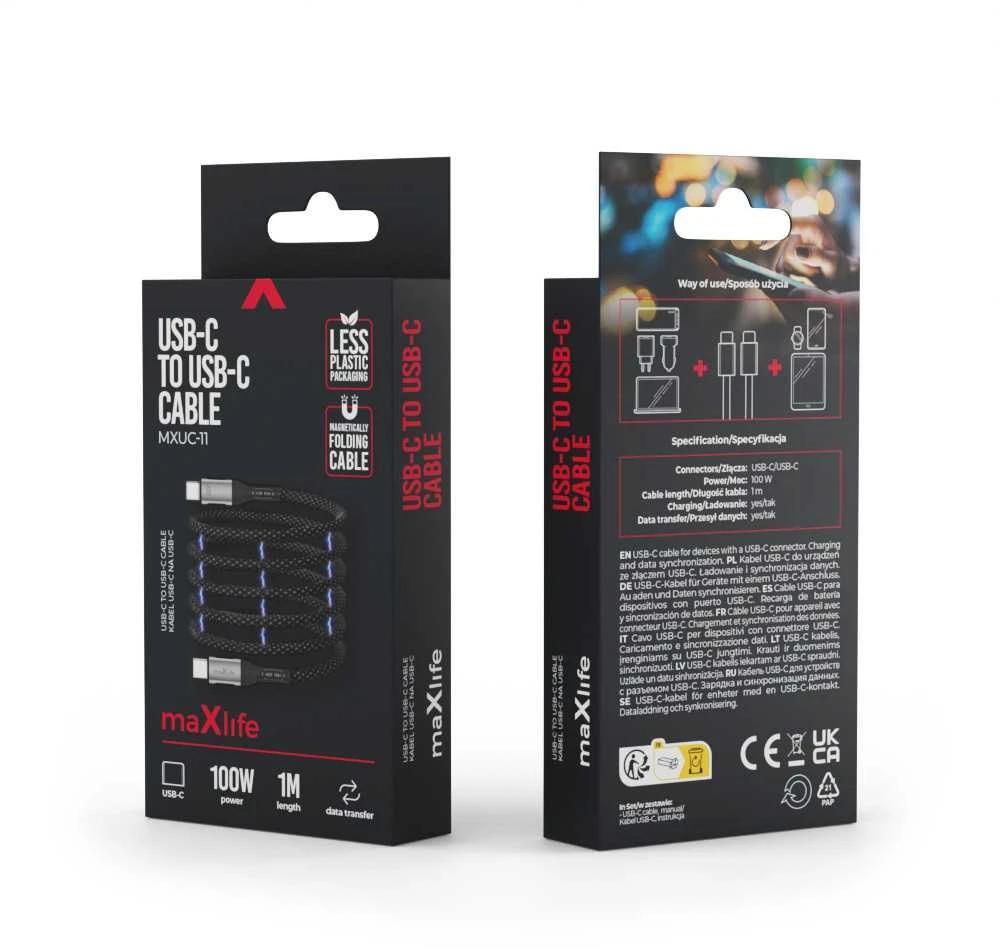Telforceone Maxlife MXUC-11 magnetinis laidas USB-C - USB-C 1,0 m 100W juodas nailonas