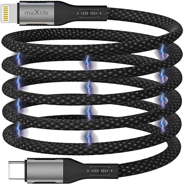 Maxlife MXUC-11 magnetinis laidas USB-C – Lightning 1,0 m 27W juodas nailoninis