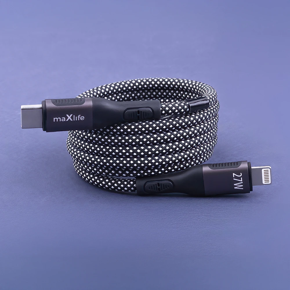 Maxlife MXUC-11 magnetinis laidas USB-C – Lightning 1,0 m 27W juodas nailoninis
