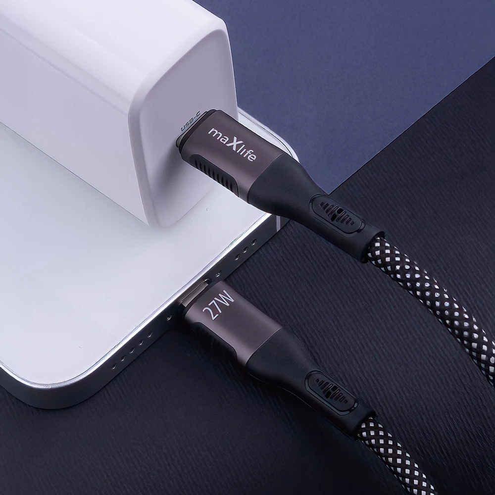 Maxlife MXUC-11 magnetinis laidas USB-C – Lightning 1,0 m 27W juodas nailoninis