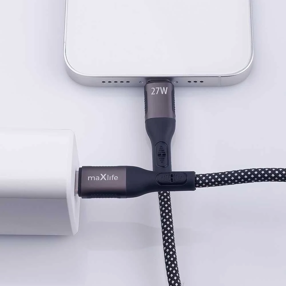 Maxlife MXUC-11 magnetinis laidas USB-C – Lightning 1,0 m 27W juodas nailoninis