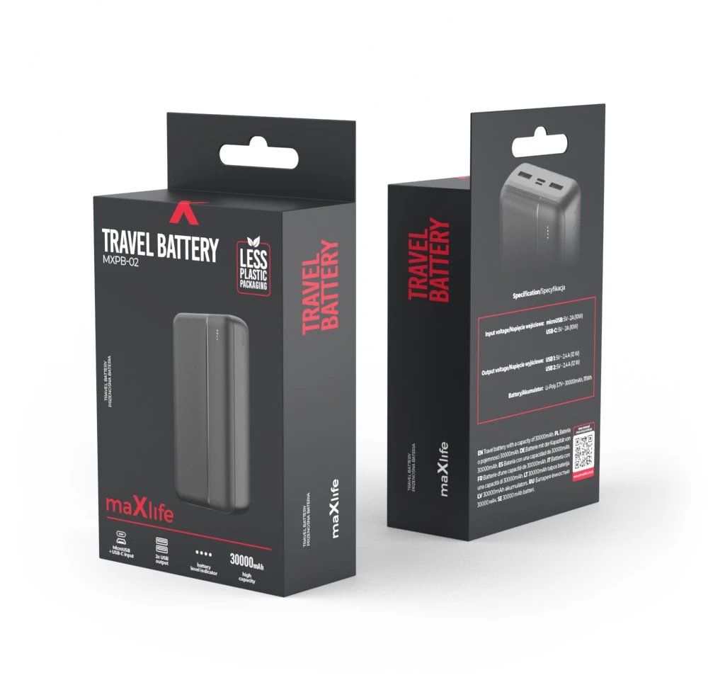 Maxlife išorinė baterija MXPB-02 30000 mAh juoda