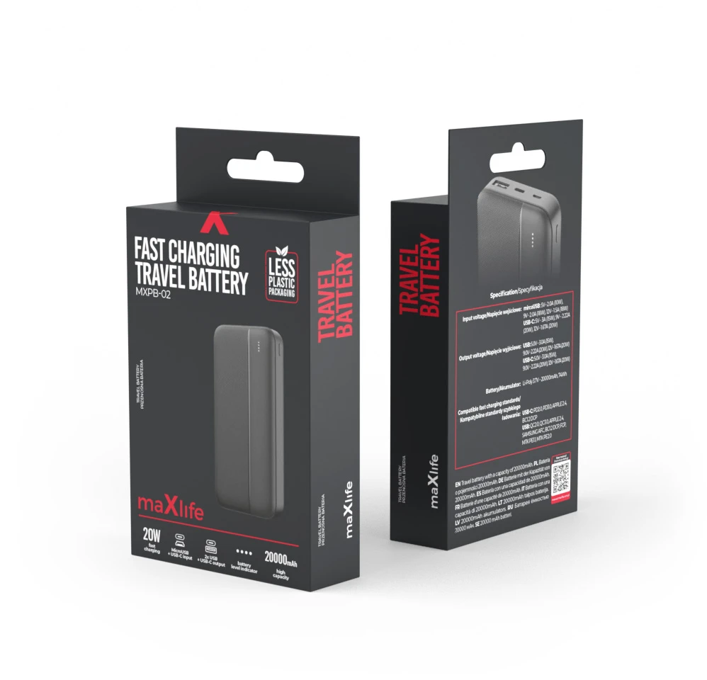 Maxlife išorinė baterija MXPB-02 PD QC 20W 20000 mAh juoda