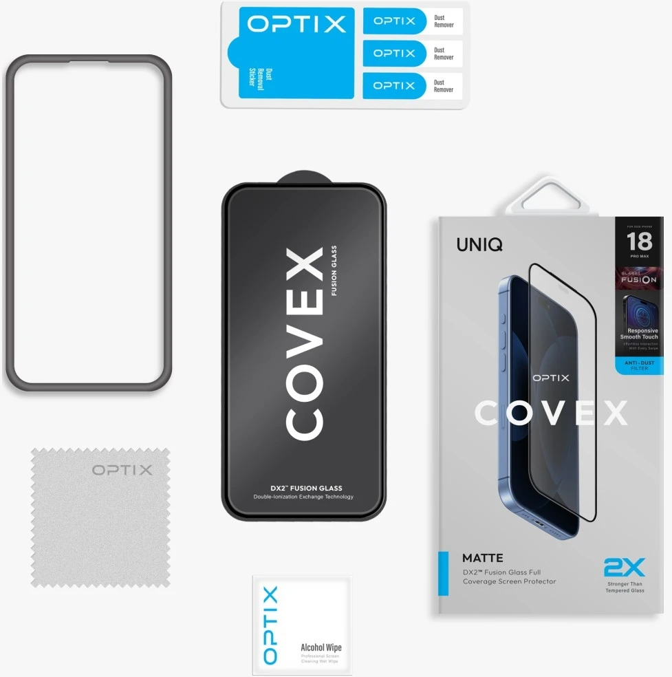 Grūdintas stiklas UNIQ Optix Covex Matte DX2, skirtas iPhone 18 Pro