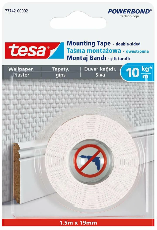TESA DVIPUSĖ JUOSTA POWERBOND 5m x 19mm TAPETAMS IR TINKUI