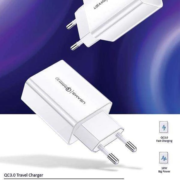 USAMS laidinis įkroviklis 1xUSB T22 18W 3A QC3.0 (tik galvutė) greitas įkrovimas baltos spalvos CC83TC01 (US-CC083)