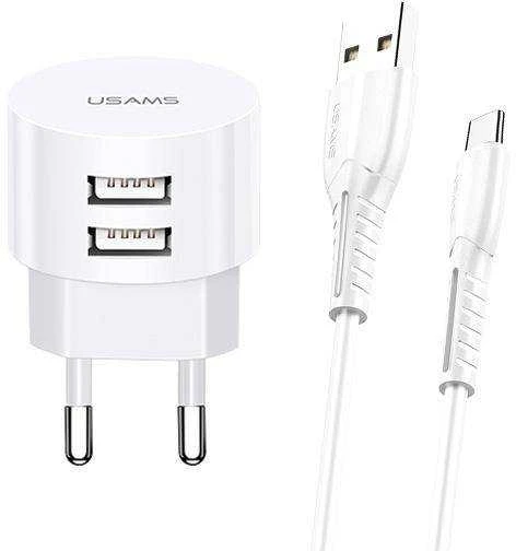 Usams kelioninis USB įkroviklis + USBC laidas , Baltas