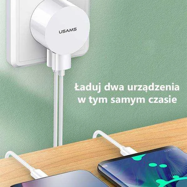 Usams kelioninis USB įkroviklis + lightning laidas , Baltas