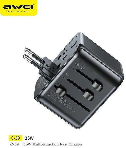 AWEI Laidinis įkroviklis 2xUSB+3xUSB-C C-39 35W4in1 US/AU/EU/UK juodos spalvos Univesal Travel GaN Charger
