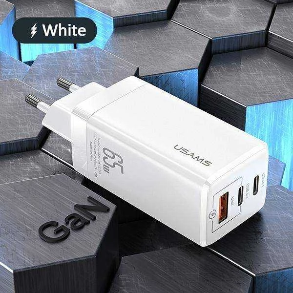 USAMS Laidinis įkroviklis MT 2xUSB-C + USB GaN 65W T33 PD (only head) Fast Charging baltos spalvos CC110TC02 (US-CC)