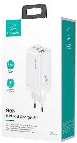 USAMS Laidinis įkroviklis MT 2xUSB-C + USB GaN 65W T33 PD (only head) Fast Charging baltos spalvos CC110TC02 (US-CC)