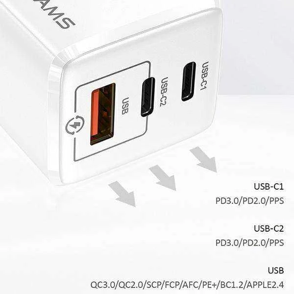 USAMS Laidinis įkroviklis MT 2xUSB-C + USB GaN 65W T33 PD (only head) Fast Charging baltos spalvos CC110TC02 (US-CC)