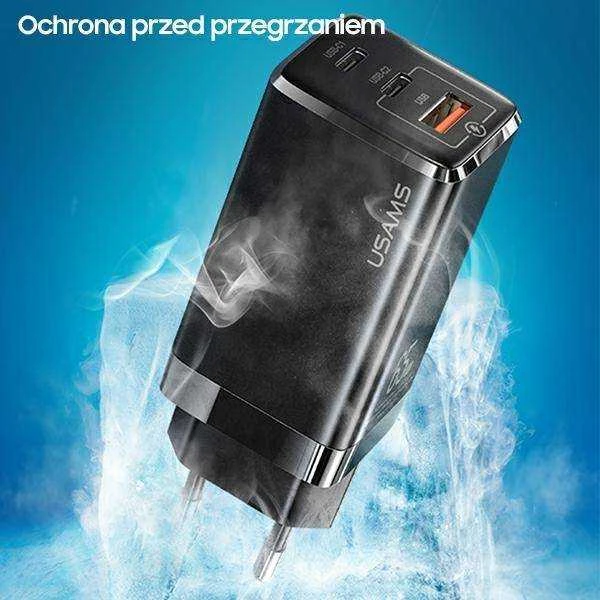 USAMS Laidinis įkroviklis MT 2xUSB-C + USB GaN 65W T33 PD (only head) Fast Charging baltos spalvos CC110TC02 (US-CC)
