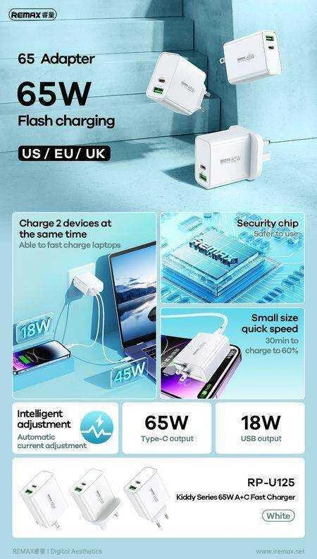 Tinklo įkroviklis 65W USB + USB-C Remax Kiddy Series RP-U125 baltos spalvos