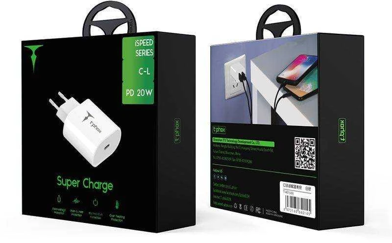 Tinklo įkroviklis T-PHOX ISPEED 20W + kabelis USB-C/lightning baltos spalvos