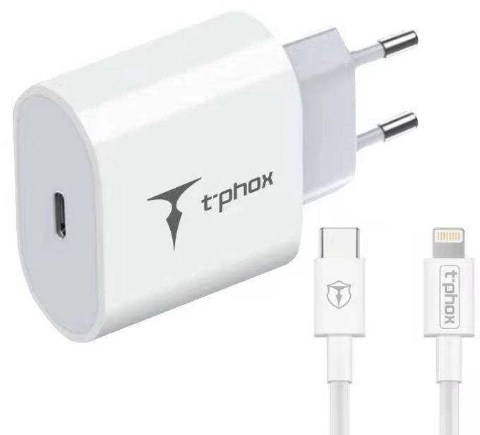 Tinklo įkroviklis T-PHOX ISPEED 20W + kabelis USB-C/lightning baltos spalvos