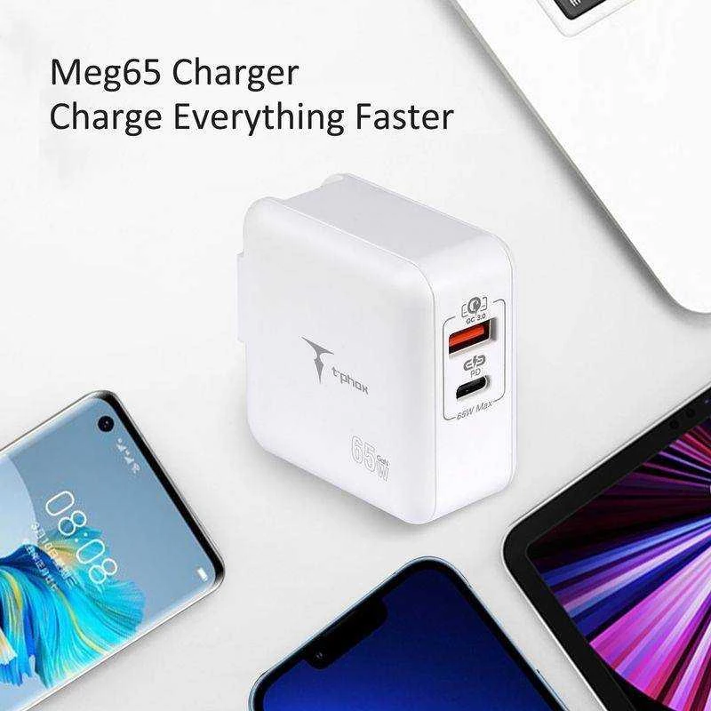 SIENINIS ĮKROVIKLIS T-PHOX MEGA T-PP09 GAN PD 65W USB/USB-C Baltas