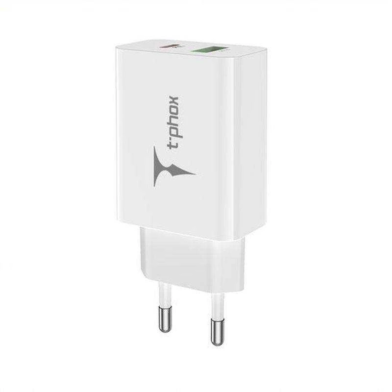 SIENINIS ĮKROVIKLIS T-PHOX SPEEDY USB-C 20W + USB 18W QC 3.0 Baltas