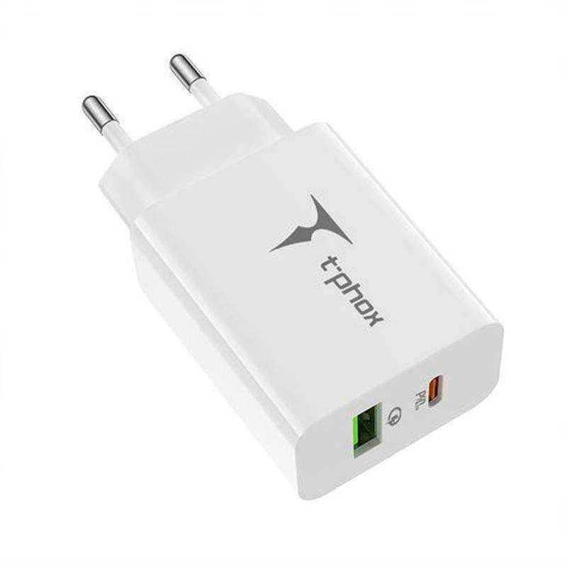 SIENINIS ĮKROVIKLIS T-PHOX SPEEDY USB-C 20W + USB 18W QC 3.0 Baltas