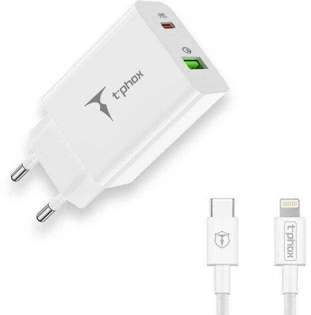 Tinklo įkroviklis T-PHOX SPEEDY USB-C 20W/USB 18W PD QC + KABELIS LIGHTNING 1M baltos spalvos