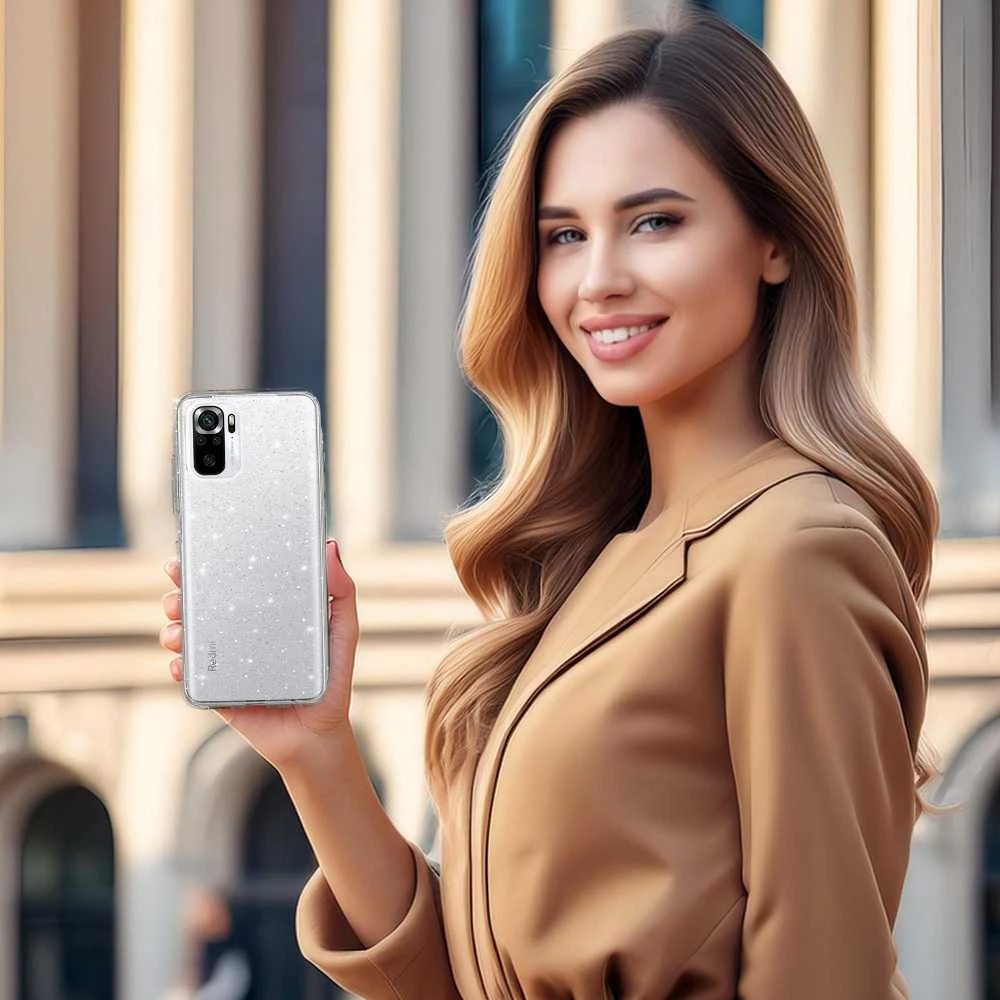 Fusion Accessories Topt Crystal Glitter dėklas skirtas Xiaomi Redmi Note 10/Note 10S/Poco M5S sidabro spalvos