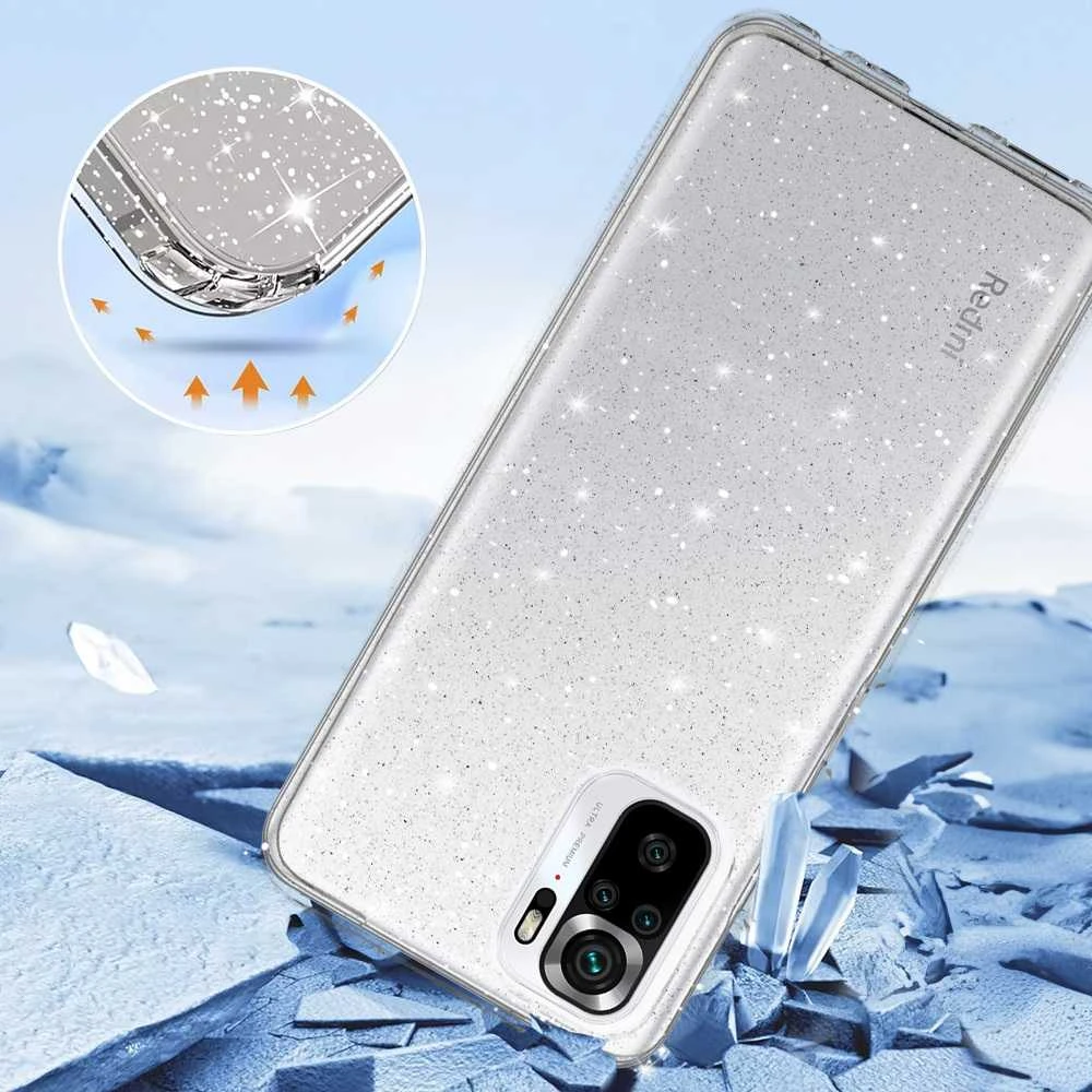 Fusion Accessories Topt Crystal Glitter dėklas skirtas Xiaomi Redmi Note 10/Note 10S/Poco M5S sidabro spalvos