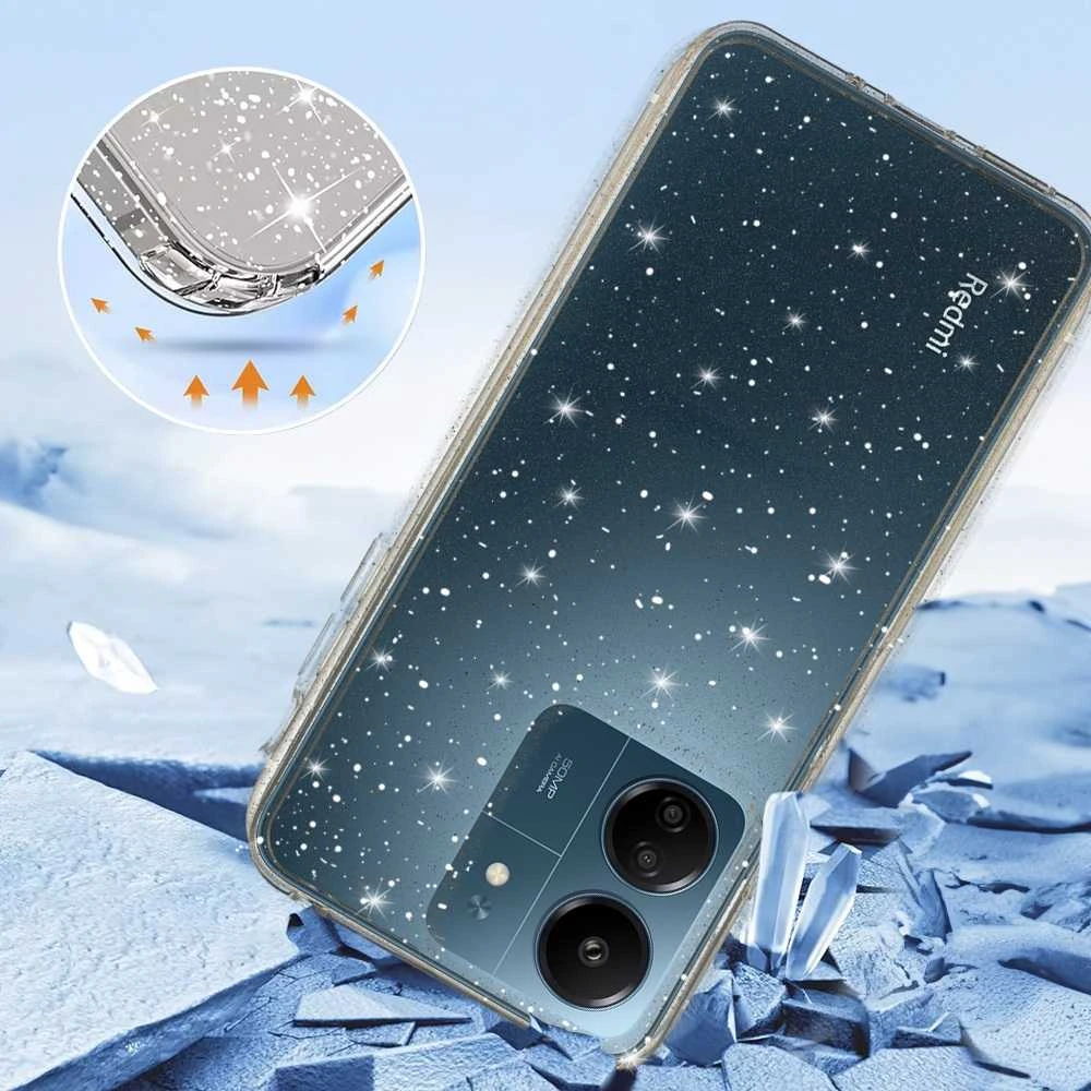 Fusion Accessories Topt Crystal Glitter dėklas skirtas Xiaomi Redmi 13C sidabro spalvos