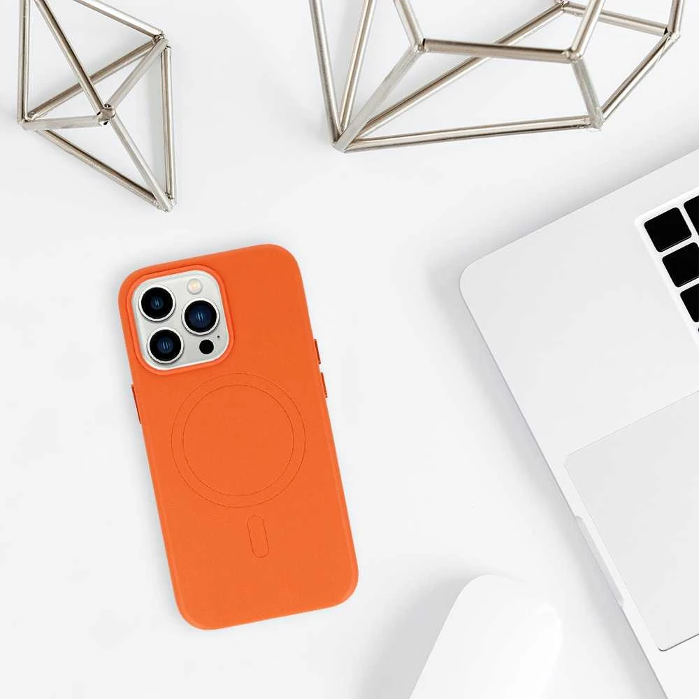 Fusion Accessories Topt MagSafe Leather dėklas skirtas Apple iPhone 15 Plus oranžinės spalvos
