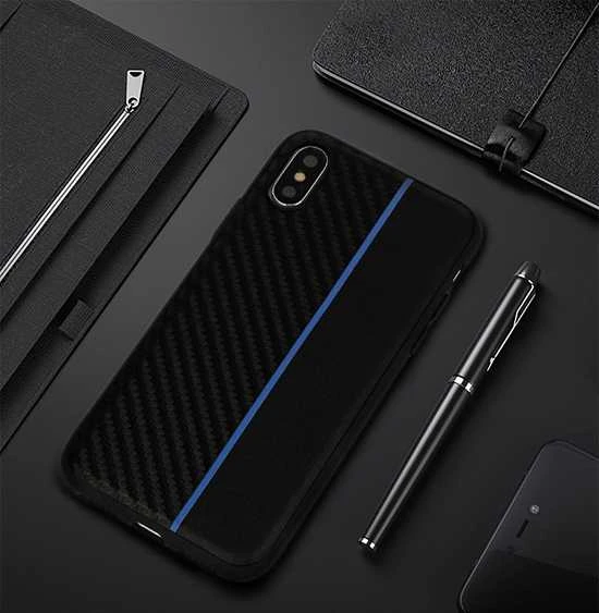 Fusion Accessories Topt MOTO CARBON Samsung Galaxy A6 Plus 2018 dėklas telefonui juodos spalvos su dėklas telefonui mėlynos spalvos virvele