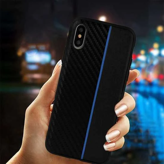 Fusion Accessories Topt MOTO CARBON Samsung Galaxy A6 Plus 2018 dėklas telefonui juodos spalvos su dėklas telefonui mėlynos spalvos virvele