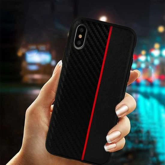 Fusion Accessories Topt MOTO CARBON Samsung Galaxy A6 Plus 2018 dėklas telefonui juodos spalvos su raudona virvele