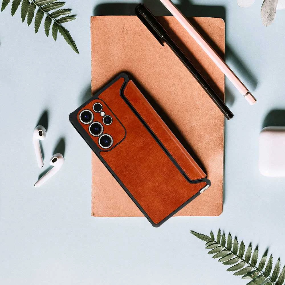 Fusion Accessories Topt Razor Leather Book dėklas skirtas Samsung Galaxy S23 Plus rudos spalvos