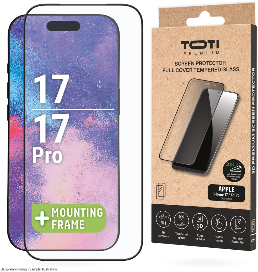 „Toti Premium PREMIUM“ grūdinto stiklo 3D ekrano apsauga, skirta „Apple iPhone 17/16 Pro“.