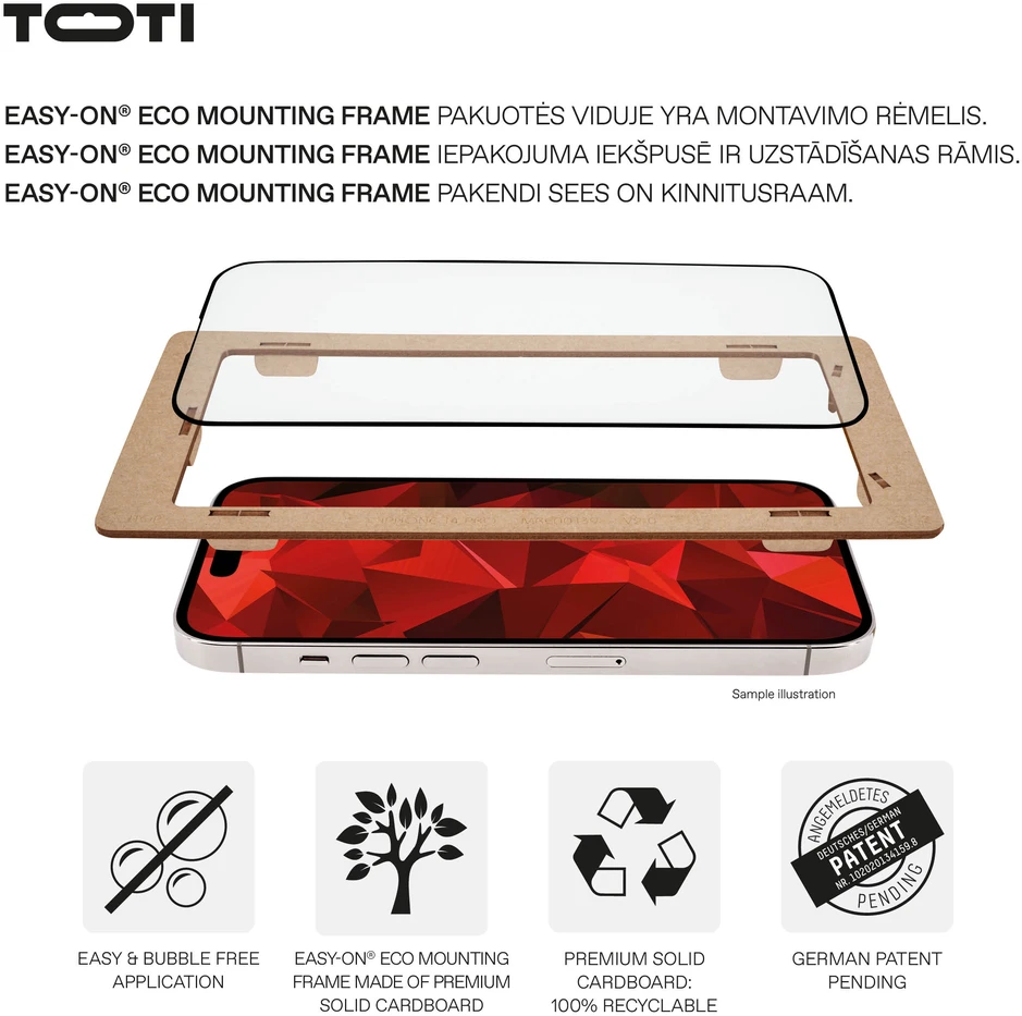 „Toti Premium PREMIUM“ grūdinto stiklo 3D ekrano apsauga, skirta „Apple iPhone 17/16 Pro“.