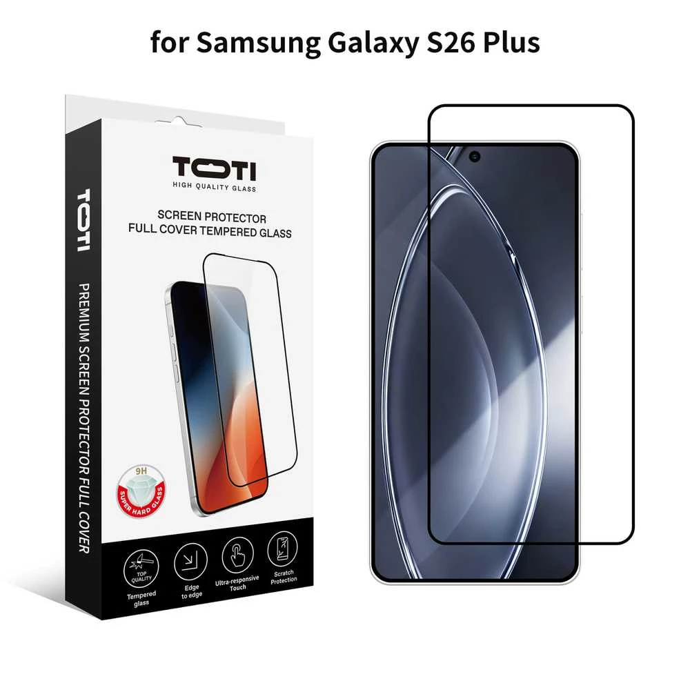TOTI PREMIUM grūdinto stiklo 2.5D ekrano apsauga, skirta „Samsung Galaxy S26 Plus“ telefonui.