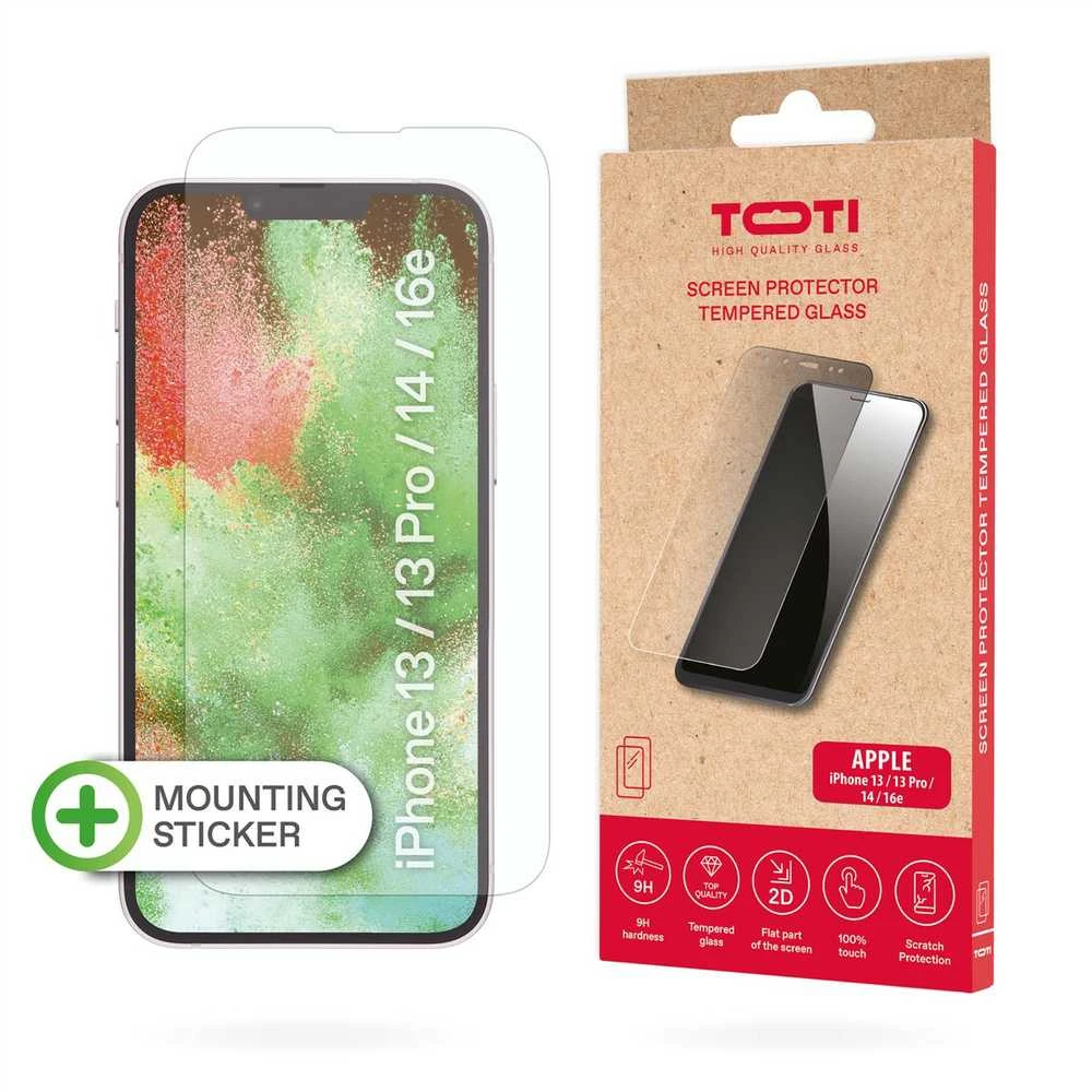 Toti grūdinto stiklo 2D ekrano apsauga, skirta iPhone 13/13 Pro/14/16e, permatoma