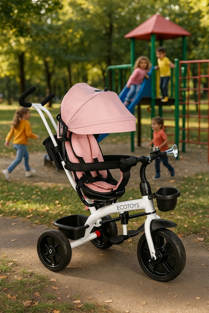 Ecotoys Triratis vežimėlis 360* pasukama sėdynė Rožinė