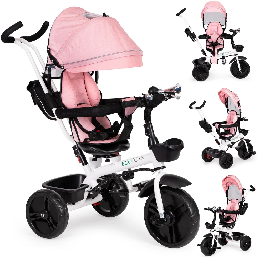 Ecotoys Triratis vežimėlis 360* pasukama sėdynė Rožinė