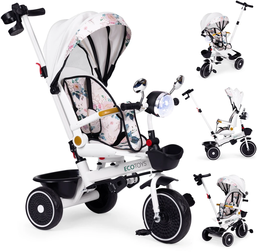 Kūdikių triratukas vežimėlis su pasukama sėdyne, stumiančia stogelį ECOTOYS
