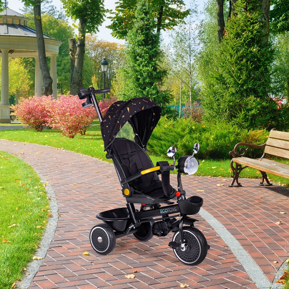 Kūdikių triratukas vežimėlis su pasukama sėdyne, stumdomas juodos spalvos ECOTOYS